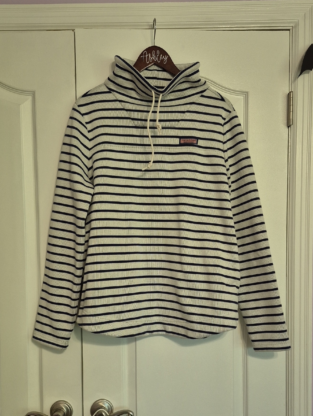 VINEYARD VINES Striped Funnel Neck Fleece Lined Pullover - Gray & Black